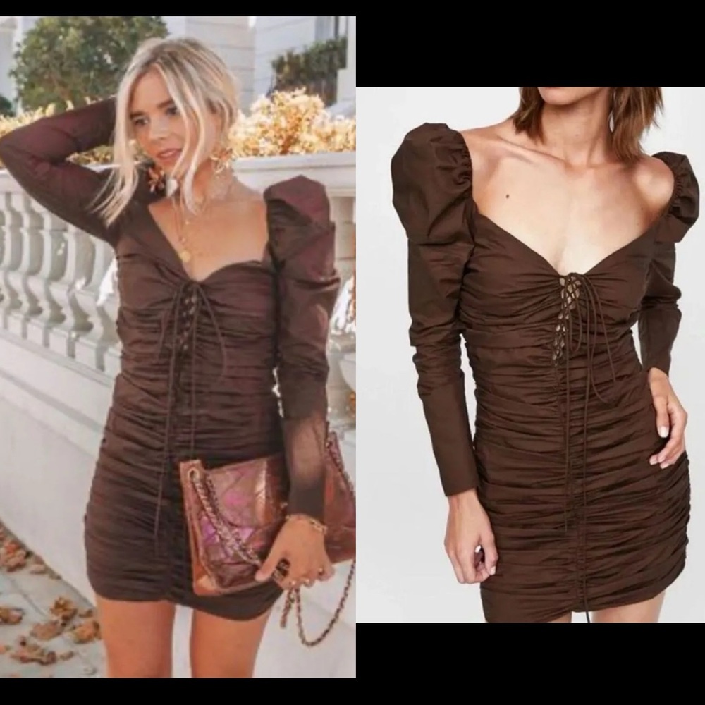 Zara NWT brown long sleeve mini ruched dress
